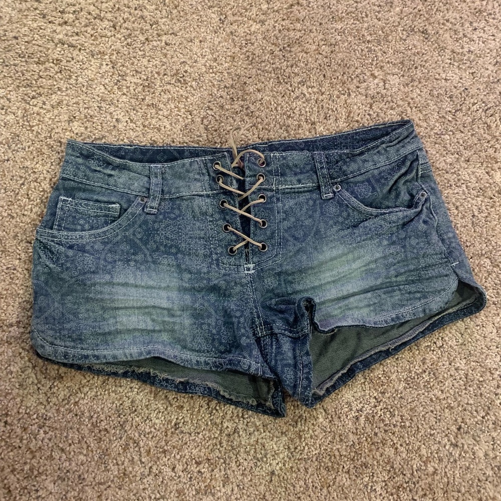 Floral Printed Jean Shorts w/ Brown Lace Up Front